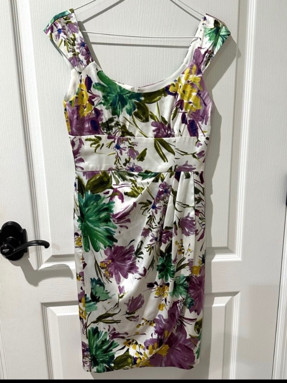 Vintage Maggie L White Floral Sheath Draped Front Cocktail Dress Sz 4